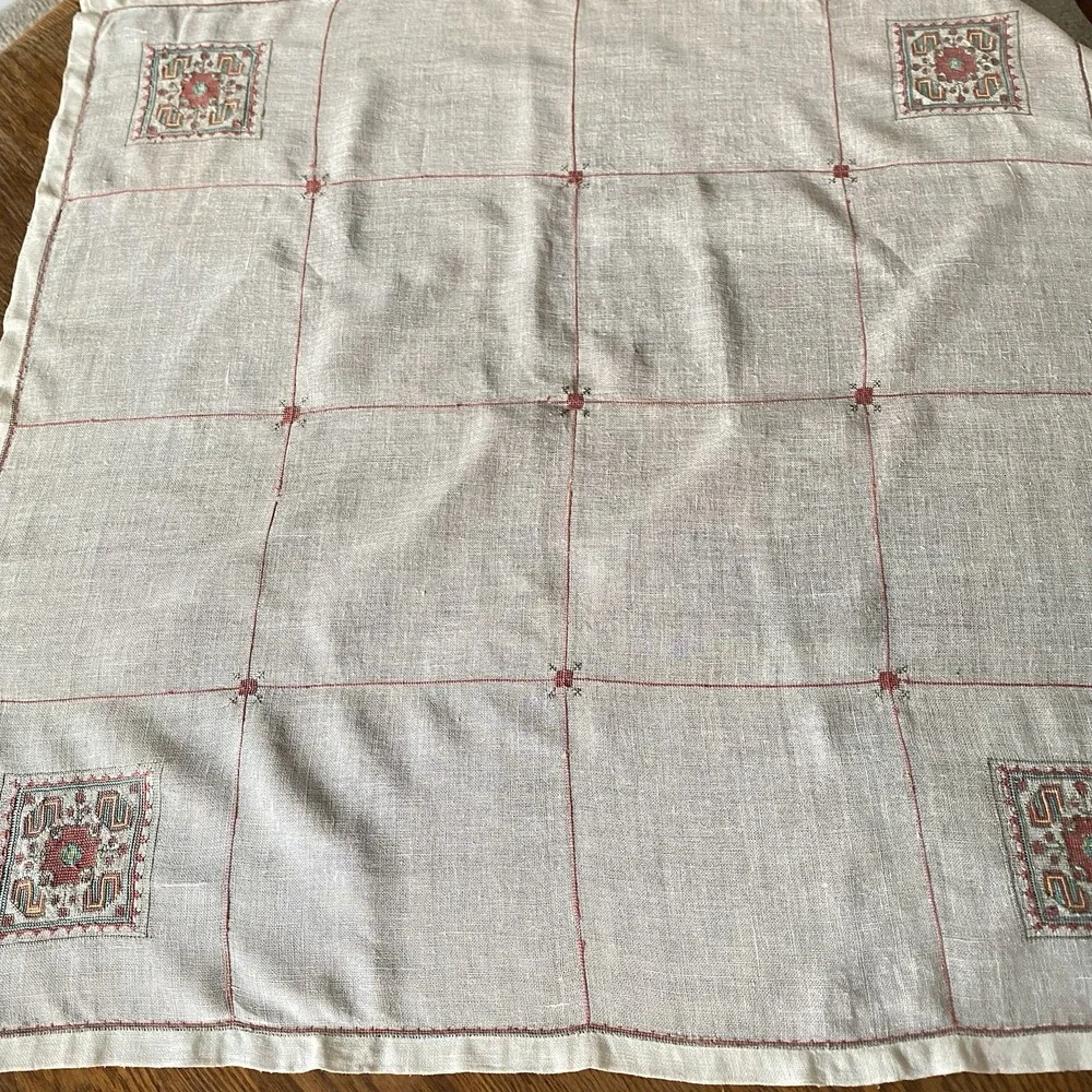 Vintage Handwoven Linen Embroidered Tablecloth Square 34x34